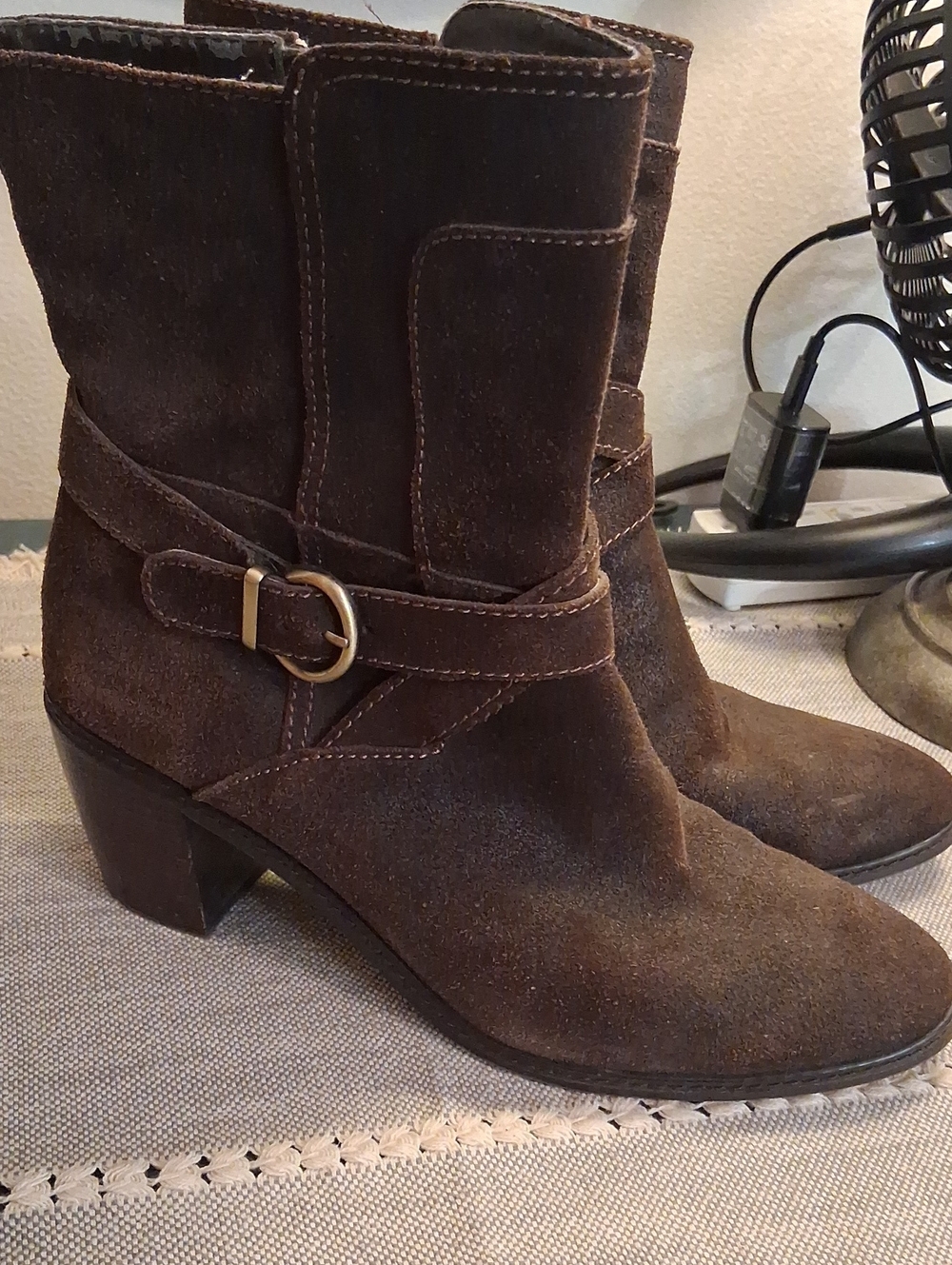 Suede Mid-Heel Ankle Booties with Decorative Buckle - Brown